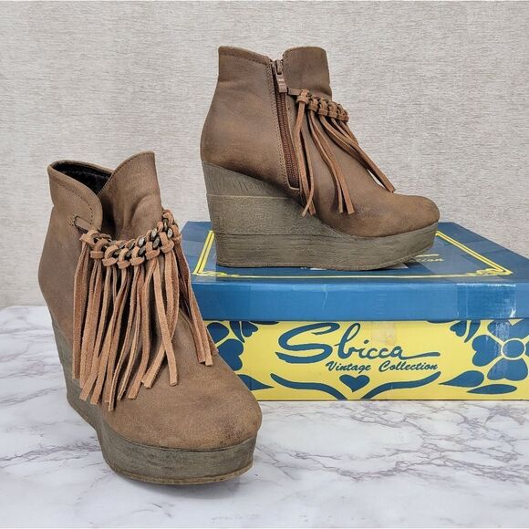Sbicca Vintage Collection Zepp Women's Brown Fringe Wedge Boots Bootie - Picture 1 of 14